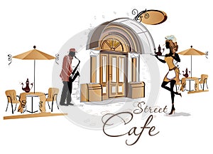 Series of people drinking coffee inside romantic cafÃÂ©, jazz musicians, waiters serve the tables.